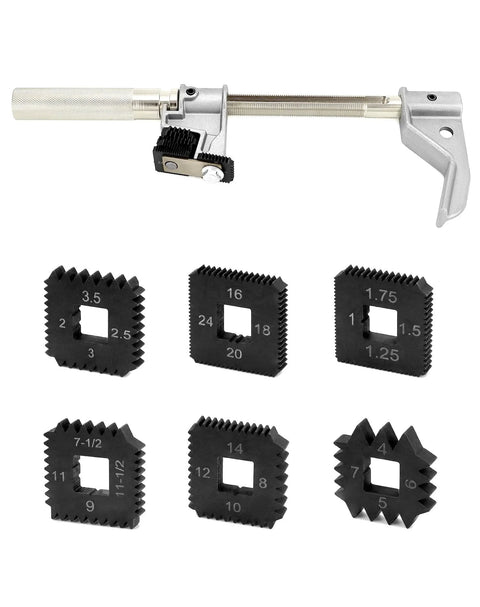 Heavy Duty Universal Outside Thread Chaser Tool For One And One Quarter To Five Inch OD, Die Cast Alloy With Silver Anodized Finish, Repairs Damaged Threads And Restores Them Fast, Ideal For Automotive Machinery And DIY Thread Repair, One Set, with various die sizes