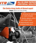 Go To Universal Thread Restorer Tool External Thread Repair Kit used on a bike wheel, showing tool adjustment feature and application.