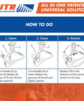 Instruction diagram for Go To Universal Thread Restorer Tool External Thread Repair Kit showing steps to open, close, and rotate.