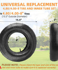 ✝️ (1-set) 4.80/4.00-8" tire and inner tube set, universal replacement pneumatic tires, 15.5-inch wheels, diagram showing dimensions