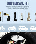 Universal fit image showing various tire valve stems for cars, trucks, motorcycles, bikes, compatible with Five Pack Tire Valve Stem Cap Covers.