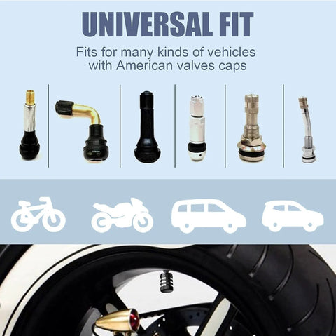 Universal fit image showing various tire valve stems for cars, trucks, motorcycles, bikes, compatible with Five Pack Tire Valve Stem Cap Covers.
