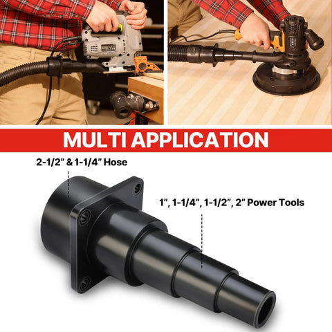 Universal Tool Adapters 2 Pack For Wet And Dry Vacuums Connect Hoses To Tools And Vacuums With A Two And A Half Inch Diameter Hose Ideal For Workshop Cleanup Dust Collection And Debris Pickup showing multiple tools connected to hoses