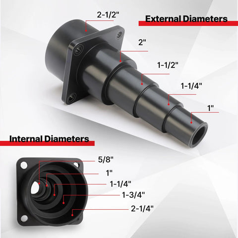 Universal Tool Adapters 2 Pack For Wet And Dry Vacuums Connect Hoses To Tools With 2-1/2 inch diameter hose, black material.