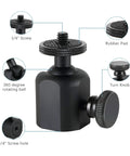 Universal Tripod Ball Head With One Quarter Inch Thread Mount, shown with 360 degree rotation and 90 degree tilt components.