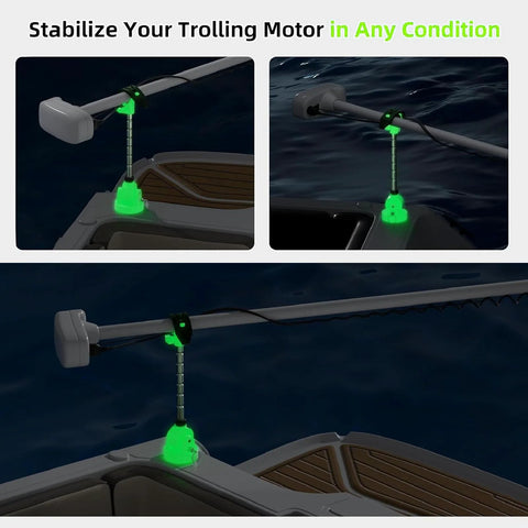 Aluminum trolling motor stabilizer mount with anti-vibration lock and 7-angle adjust, installed on Terrova PowerDrive.