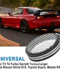 4-Inch Universal Turbo Inlet Grill For 102mm Turbos And Superchargers shown with Nissan Silvia S15, Toyota Supra, Mazda RX-7