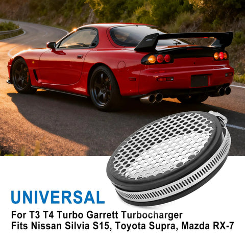 4-Inch Universal Turbo Inlet Grill For 102mm Turbos And Superchargers shown with Nissan Silvia S15, Toyota Supra, Mazda RX-7