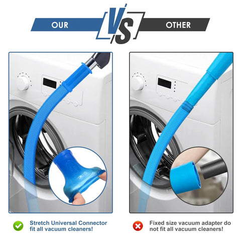 Two piece dryer vent cleaner kit with universal vacuum adapter showing comparison of stretch and fixed connectors