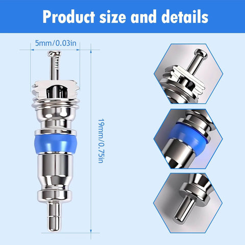 Valve Core Replacement Kit For HVAC And Auto Use Universal Schrader Valve Core Set For R32 R22 And R410A Refrigerants Tire Inflation Air Conditioners Refrigerators And DIY Pros Pro Grade showing valve dimensions and details