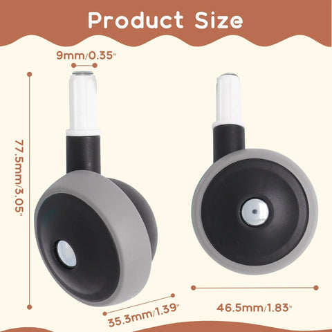 Product dimensions for 4 Pack Universal Walker Replacement Wheels, black plastic casters with 360 degree swivel, easy install details.