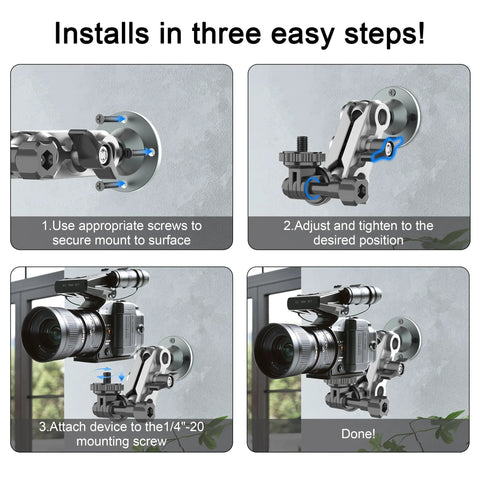 Universal Wall Mount Bracket With Adjustable Metal Arm For Action Cameras And Smartphones installation steps on wall surface