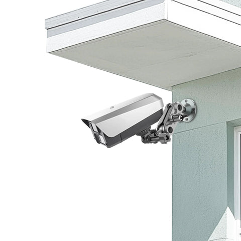 Universal Wall Mount Bracket With Adjustable Metal Arm for action cameras and smartphones installed under eave, showing dual ball head design.