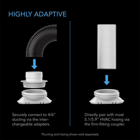 Universal Window Duct Kit For 4 Inch And 6 Inch Inline Fans With Adjustable Rails Fits Windows For Exhaust And Intake Perfect For Homes Grow Tents Grow Rooms Air Conditioners And Dryers By AC Infinity showing duct connection adapters.