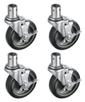 Five Inch Universal Wire Shelving Swivel Casters With Polyurethane Wheels Set Of Four Top Lock Brake For 1 Inch Diameter Wire Shelving Posts Ideal For Heavy Duty Garage Shelving Racks And Industrial Storage, top view of casters