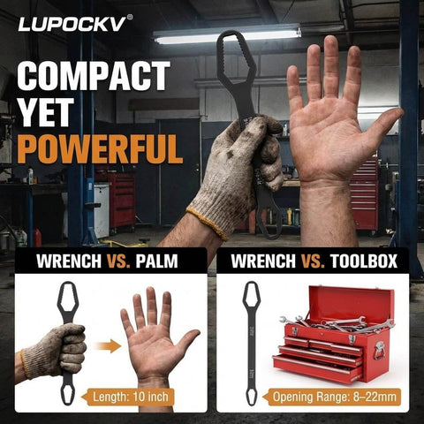 Self Adjusting Universal Wrench Set Double End Tool 8 To 22 Millimeters Multi Size For Automotive Repairs Heavy Duty Grip Spanner Hand Tool Kit Ideal For Mechanics And Do It Yourself Home Repairs next to toolbox and hands showing 10 inch length and range.