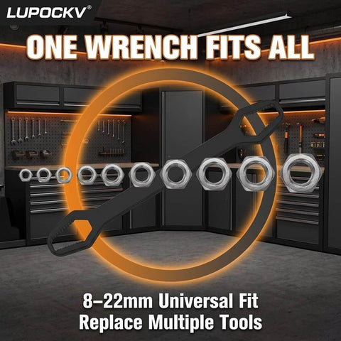 Self Adjusting Universal Wrench Set Double End Tool 8 To 22 Millimeters Multi Size, front view with circular sockets.