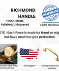 Richmond Unlacquered Brass Cabinet Pulls And Solid Brass Drawer Handles For Kitchen Cabinets And Furniture With Screws Included Handmade Heavy Duty Vintage Hardware 10 Inch Ideal For Rustic Or Modern Decor information card with handmade stamp and USA map.
