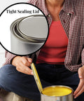 Person holding an empty quart paint can with lid, pack of 2 unlined metal cans for solvents, oil-based paints, adhesives, and crafts.
