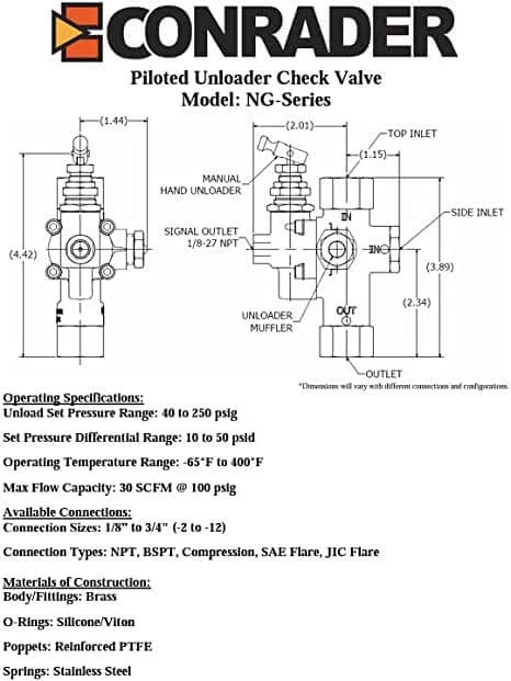 Diagram of One Half Inch NPT Top Inlet Unloader Pilot Check Valve All In One With 36 Inch Throttle Control Cable