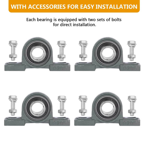 4 Pack UCP205-16 Mounted Pillow Block Ball Bearing, Bearing Steel Bearings 1" Bore with 8 Sets for Installing Bolts and Nuts