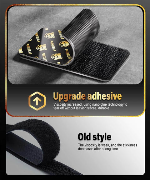 Industrial Strength Hook And Loop Strips With Ultra Sticky Super Adhesive Backing, Heavy Duty Velcro Tape Pack, showing adhesive improvement comparison