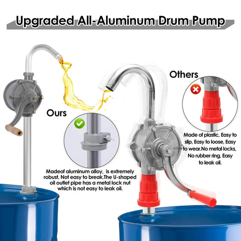 MEKOTRIN 55 Gallon Drum Pump, 7GPM All Aluminum Hand Oil Pump showing comparison with other pump models.