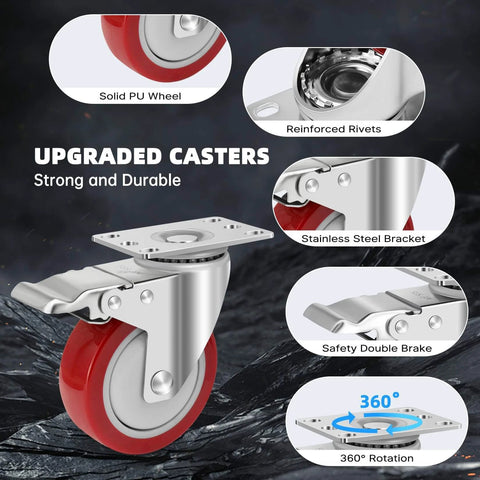 Stainless steel 4 inch heavy duty caster wheels with brakes, 304 rust proof swivel casters designed for industrial and sanitary use in a 4 pack close-up.