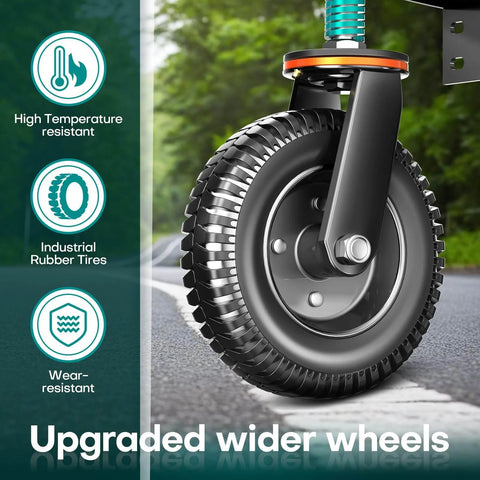 Detailed view of the 8 inch heavy duty fence gate wheel anti sag support with spring loaded gate caster showcasing wider industrial rubber tires.