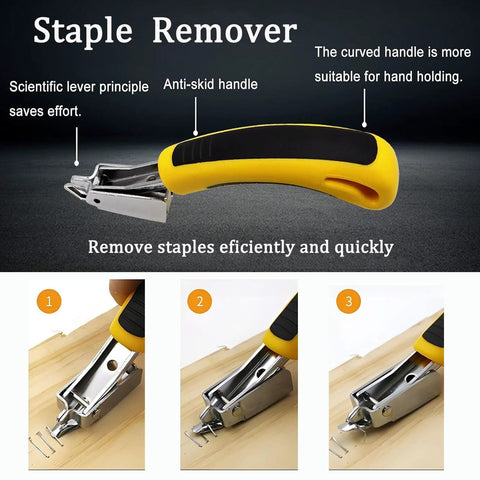 Upholstery staple remover with yellow anti-skid handle and metal tip, shown removing staples from a wooden surface.