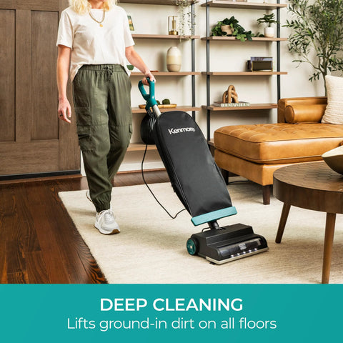 Person using Powerful Commercial Upright Vacuum Cleaner With 14 Liter Bagged Capacity on living room floor