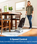 Woman using Ultra Lightweight 14L Bagged Upright Vacuum Cleaner With LED Headlight And 2 Speed Settings on hardwood floor next to carpet