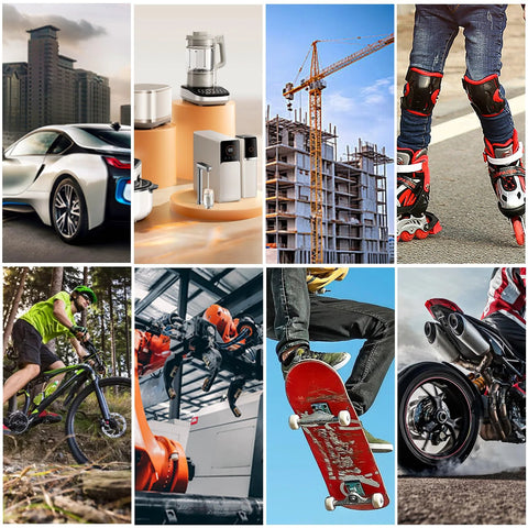 Collage of diverse images including a city skyline, kitchen appliances, construction site, roller blades, mountain biking, robotics, skateboarding, and motorcycles.