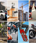 Collage of diverse industries: automotive, home appliances, construction, sports, cycling, robotics, skateboarding, motorcycling.