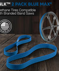 Premium Urethane Band Saw Tires Set of 2 for 12 Inch Saws, blue tires with wheel, Made in USA logo.