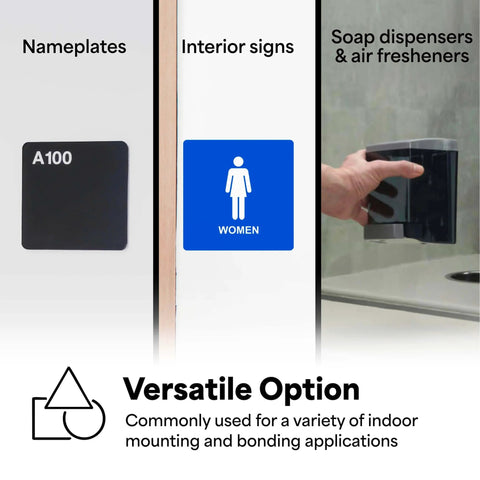 Image showing uses of 4032 Double Sided Urethane Foam Tape for nameplates, interior signs, soap dispensers and air fresheners.