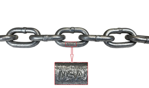 Close-up of US Made G43 High Test Anchor Chain 1 Quarter Inch Thick Hot Dip Galvanized with USA marking for marine mooring