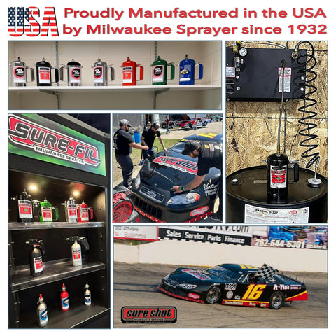 Heavy duty refillable oil sprayer display and usage by Milwaukee Sprayer, featuring pressurized products made in the USA since 1932.
