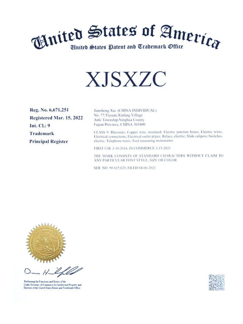 Image of a United States Patent and Trademark Office certificate with registration details and an official seal.