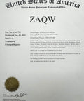 United States trademark certificate for ZAQW, registered on Nov 2, 2021, detailing registration information and trademark class.