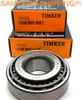 Quality US Made 15100 15250 Tapered Roller Bearing Set with Timken boxes in background, single row design for radial and axial load.
