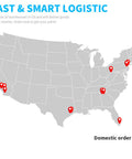 Map of the United States with marked warehouse locations indicating fast and smart logistic services for domestic orders.