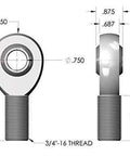 Diagram of USA 3/4 Rod End Heim Joint Kit with Right and Left Hand Threads, showing dimensions and .750 Chromoly material.