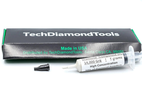Syringe of USA Made Oil Based Diamond Polishing Compound Paste 14000 Grit 0-1 Microns with packaging and cap