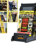USA made 5-in-1 ladder stabilizer and leveler displayed in multiple uses on ladders, stairs, and roofs, showing versatility and safety.