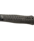USA-made 19 oz rip claw framing hammer with milled face and shock reduction grip, close-up of grip showing U.S.A. marking.