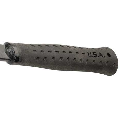 USA-made 19 oz rip claw framing hammer with milled face and shock reduction grip, close-up of grip showing U.S.A. marking.