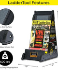 USA made 5-in-1 ladder stabilizer and leveler, featuring a durable polypropylene body with rubber gripper feet and non-skid surface.