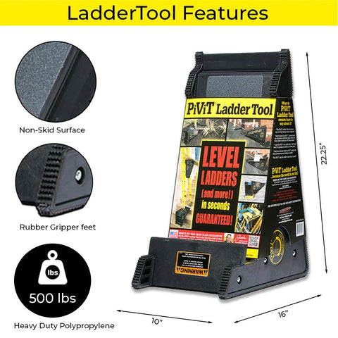 USA made 5-in-1 ladder stabilizer and leveler, featuring a durable polypropylene body with rubber gripper feet and non-skid surface.