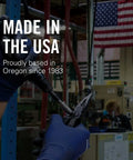 Made in USA factory scene with tools and text promoting Leatherman Micra Keychain Multi Tool With Scissors And Knife Compact Stainless Steel EDC.